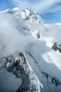 Summit of Mt Denali or Mount McKinley with glacier, aerial view, Alaska Range, Denali National