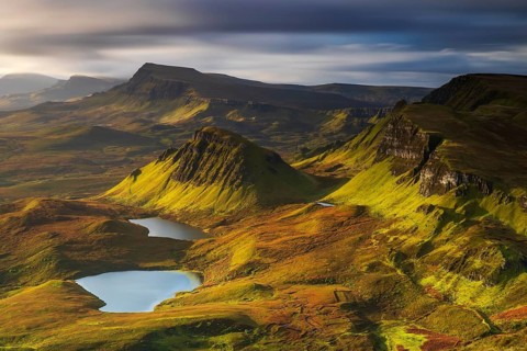 The Quiraing on the Trotternish Ridge is a dramatic landscape shaped by a massive landslide. Layers