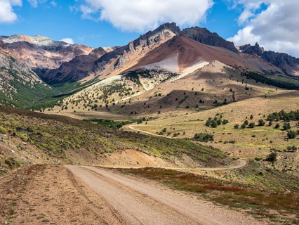 Road Ruta 41, gravel road, arid volcanic landscape, Los Antiguos - Paso Roballo, aerial view,