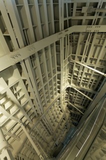 Fondation Louis Vuitton by Frank Gehry, exposed steel structure in the stairwell, industrial