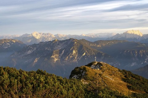 Sunset view from the summit of Zwiesel to the Berchtesgaden Alps with the Predigtstuhl in the