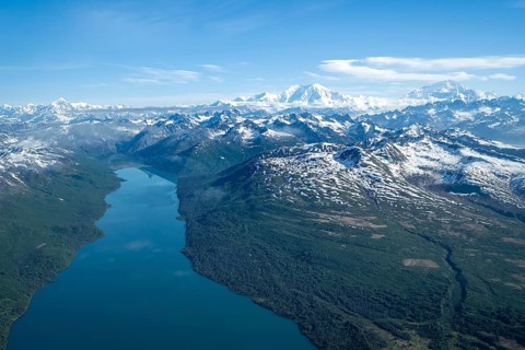 Chelatna Lake, Mt Foraker and Mt Denali or Mount McKinley, aerial view, Alaska Range, Denali