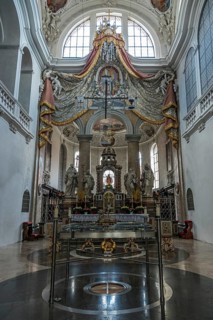 Church, baroque basilica of St. Mang, interior view, altar area, Füssen, Ostallgäu, Bavaria Germany