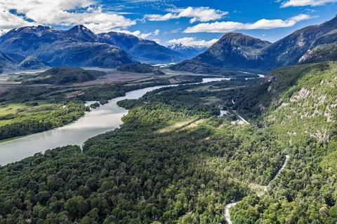 Road Carretera Austral, gravel road along river Rio Baker, north of Puerto Yungnay, aerial view,