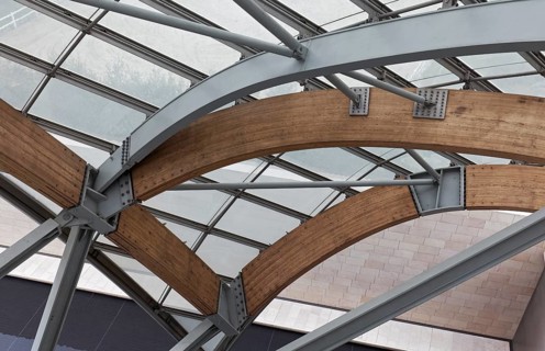 Louis Vuitton Foundation construction, futuristic steel, wood and glass building by architect Frank