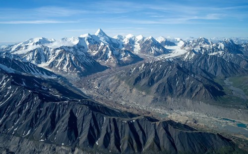 Melted glacier, glacier bed, aerial view, Alaska Range, Denali National Park, Alaska, USA