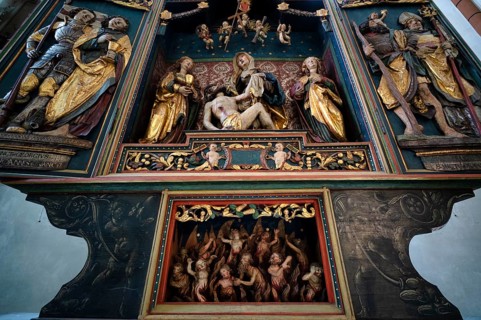 Interior view, purgatory, depiction of hell in the predella of the high altar in the choir, winged