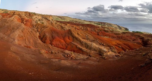 Volcanic soil, colorful soil, red, erosion, near Miradouro da Ponta do Rosto, Madeira, Portugal
