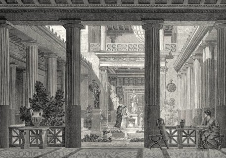 An ancient Greek prostas house, open court with a statue of Hestia, the goddess of the hearth,