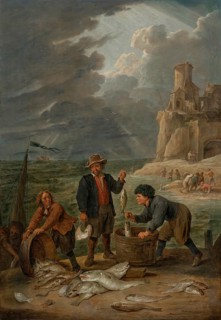 Fishermen returning to shore with their catch, in the background more fishermen below a lighthouse