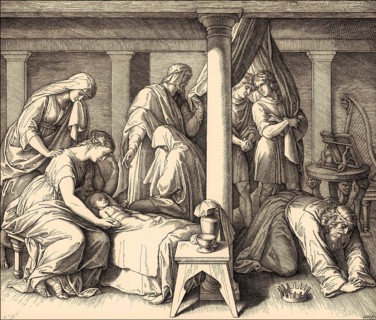 The death of Bathsheba's first child with David, Old Testament, by Julius Schnorr von Carolsfeld