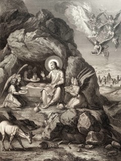 The ministry of angels to Christ, Steel engraving 1853, digitally restored