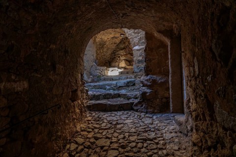 Narrow alley in the village of Sant'Antonino in Balagne, Corsica, France