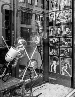 Black and white photograph, window of an old cinema, Hakescher Markt, Berlin, Germany