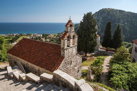 Monastery Gradiste and Adriatic Sea in the background in Buljarica, Montenegro