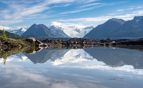 Mountain landscape reflected in glacial lake, Mount Blackburn and Kennicott Glacier, McCarthy Road,