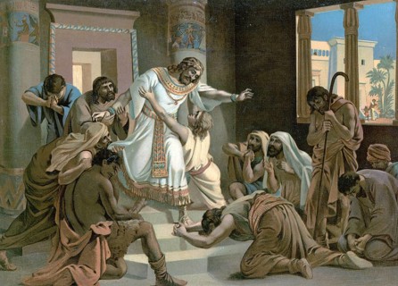 Scene from the biblical story, Joseph reveals himself to his brothers, authentic reproduction of a