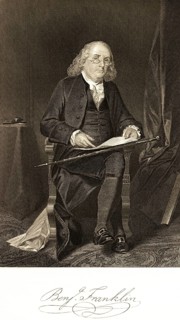 Benjamin Franklin (1706-1790) portrait of famous American, professions, publisher, writer,