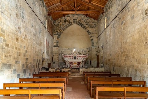 Interior of the Romanesque church Église de la Sainte-Trinité et de Saint Jean-Baptiste in Aregno,