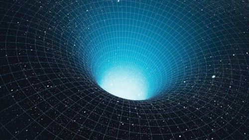 A man stands at the edge of a black hole, gazing into the vast abyss of the universe while stars