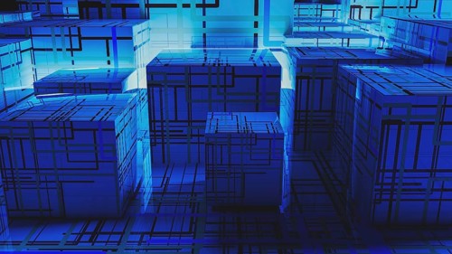 Vibrant abstract background showcases interconnected cubes, representing technology and data in a