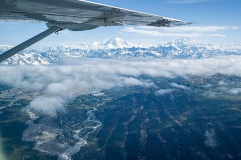 Mt Foraker and Mt Denali or Mount McKinley, aerial view, Alaska Range, Denali National Park,