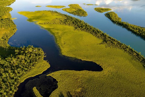 Aerial view of river Vistasjohka, branching river arms, turquoise colored river, Vistasvagge