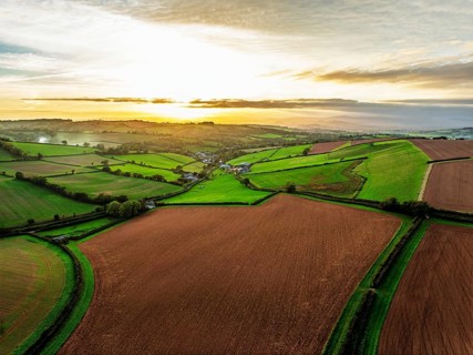 Colours of autumn Fields and Farms over Sheldon from a drone, Torbay, Devon, England, United