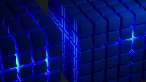 Cube structures create a captivating geometric arrangement highlighted by blue light, showcasing