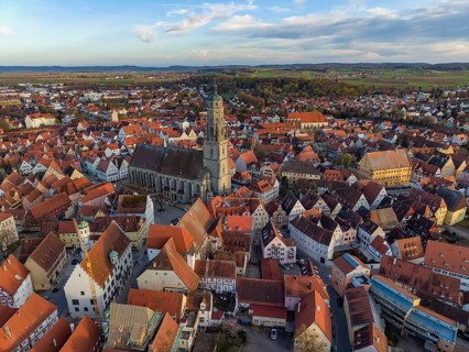 Aerial view of the historic old town of Nördlingen with the church of St. Georg and the 90-meter