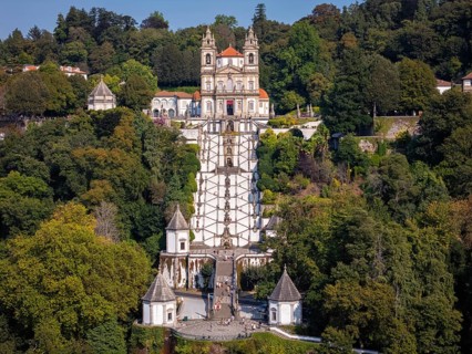 An aerial shot shows the Bom Jesus do Monte sanctuary in Braga, Portugal. This Catholic shrine