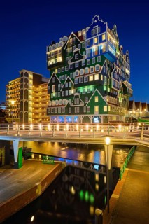 ZAANDAM, NETHERLANDS, MAY 8, 2017: Inntel Hotel in Zaandam illuminated at night. Design of
