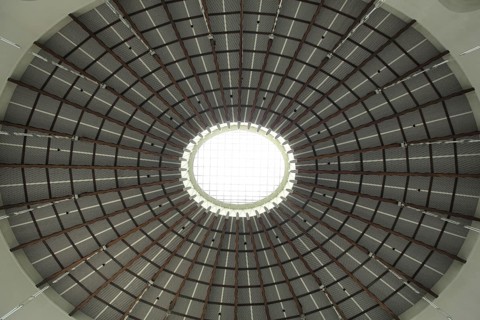 Ceiling of the plenary hall of St. Paul's Church, geometric round rings, circles, segments, hole,