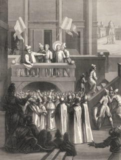 The Sanhedrin trial of Jesus, New Testament, steel engraving 1853, digitally restored