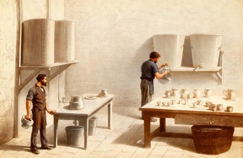 Historical illustration, 19th Century, shaping a porcelain bowl using crust molding, also known as