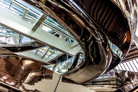 Spectacular double spiral staircase from ground floor to roof terrace, offering breathtaking views