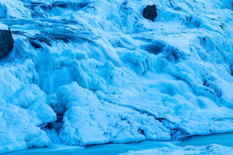 Gullfoss, waterfall of the Hvítá river, detail, ice, frost, snow, winter, Haukadalur, Iceland,