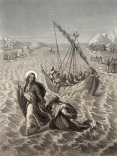 Jesus walking on the water, New Testament, steel engraving 1853, digitally restored