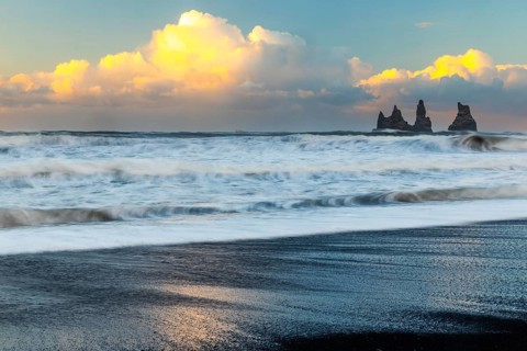 Reynisdrangar pinnacles, lava sandy beach, waves, sea, clouds, winter, Vik, Iceland, Scandinavia