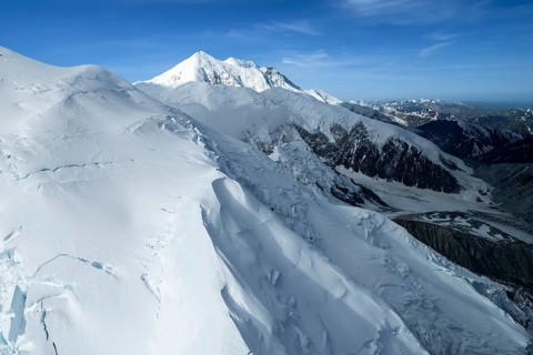 Mt Denali or Mount McKinley with glacier, aerial view, Alaska Range, Denali National Park, Alaska,