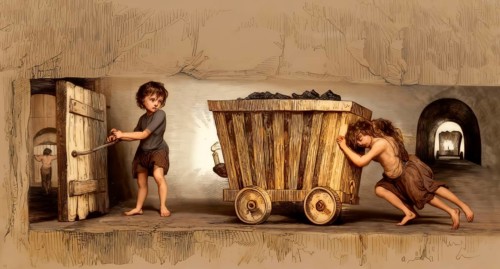 Historical illustration, child labour in the coal mining industry, hurriers pulling a corf, 19th