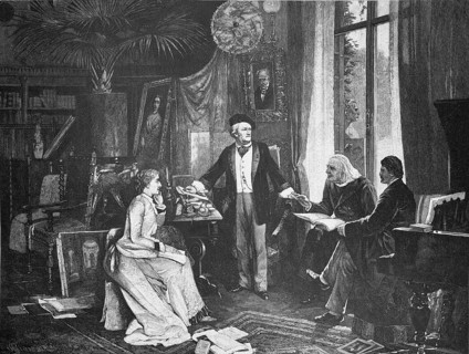 Liszt with Cosima and Richard Wagner in their flat in Wahnfried. Including Hans von Wolzogen, 1880,