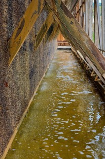 Detailed view of a graduation house with foamy water under wooden beams, spa town of Bad Orb,