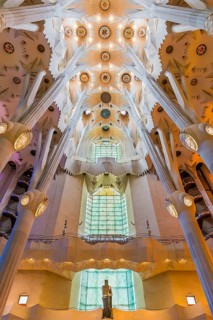 Interior view of the Familia Sagrada by the architect Antonio Gaudi in Barcelona, Spain