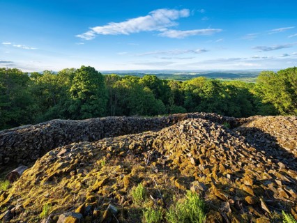Blockheap on Kleiner Gleichberg, former Celtic oppidum Steinsburg, view over the landscape of the