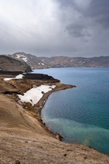 Lake Öskjuvatn in the crater of the Askja volcano, volcanic landscape, Dyngjufjöll mountain massif,