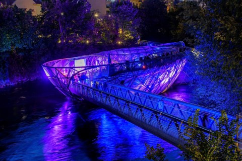 Murinsel, at dusk, architect Vito Acconci, river Mur, Graz, Styria, Austria