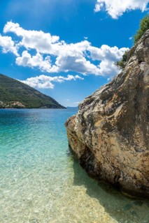Beach in summer of Paralia Mikros Gialos in the south of the island of Lefkada. Greece