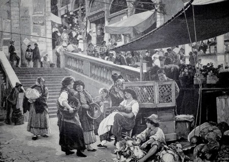 Market scene on the Rialto in Venice, 1896, Italy, illustration, reproduction from a model from the