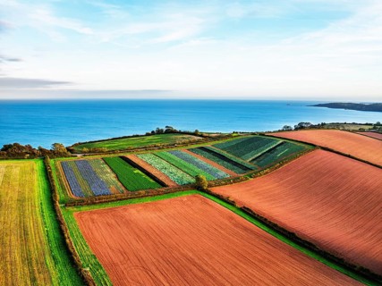 Colours of autumn Fields and Farms over Sheldon from a drone, Torbay, Devon, England, United